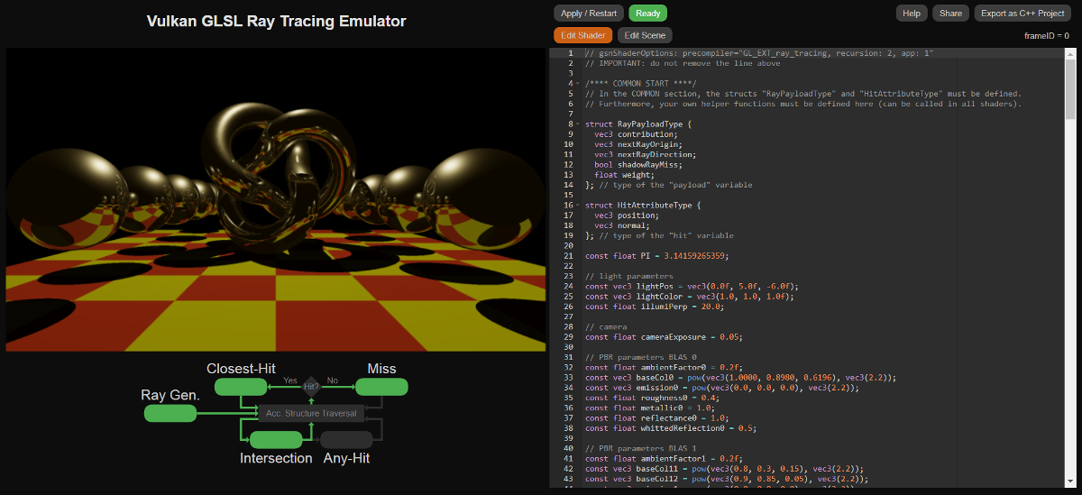           The Vulkan GLSL Ray Tracing Emulator is an online application that           aims to simulate the ray tracing shader pipeline from the Vulka